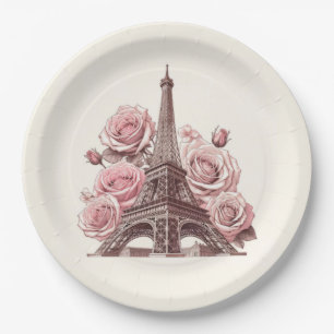 Prato De Papel Torre Eiffel de Paris & Rosas Cor-de-Rosa