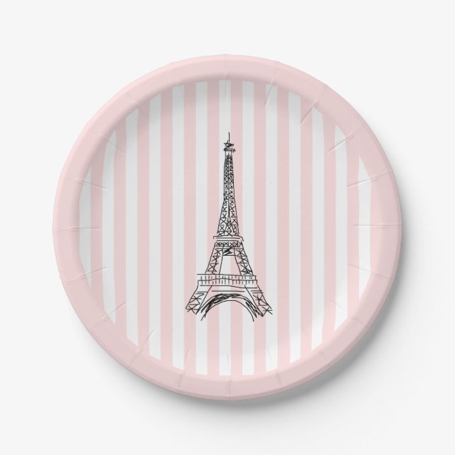 Prato De Papel Torre Eiffel Paris Ilustração Faixa Rosa (Frente)