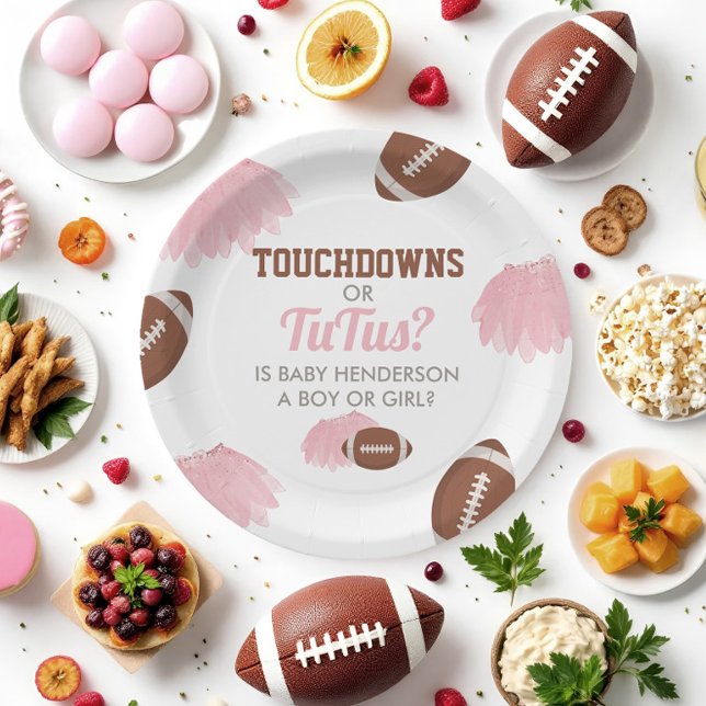 Prato De Papel Touchdowns ou Revelação de Gênero de Tutus (Touchdowns or Tutus Gender Reveal Paper Plates)
