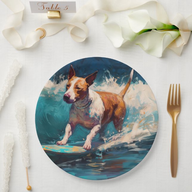 Prato De Papel Touro Terrier Beach Surfing Painting (Casamento)