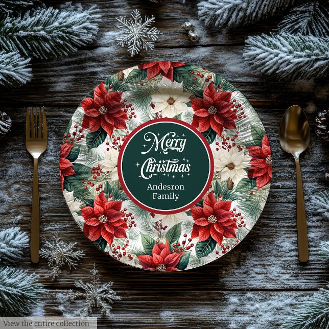 Prato De Papel Traditional Red Green Christmas Floral Paper Plate (Traditional Red Green Christmas Floral Paper Plates )