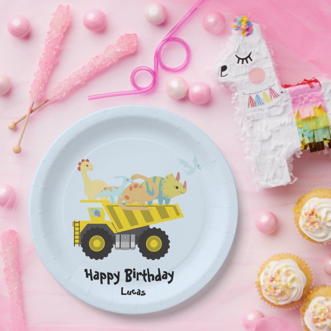 Prato De Papel Trator de dinossauro de graça azul HBD DIY NAme Ba (Festa)