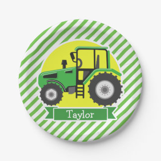 Prato De Papel Trator de Fazenda Verde com Verde e Branco Amarelo