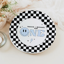 Prato De Papel TRAVIS Blue One Happy Duo Smile Face Aniversário