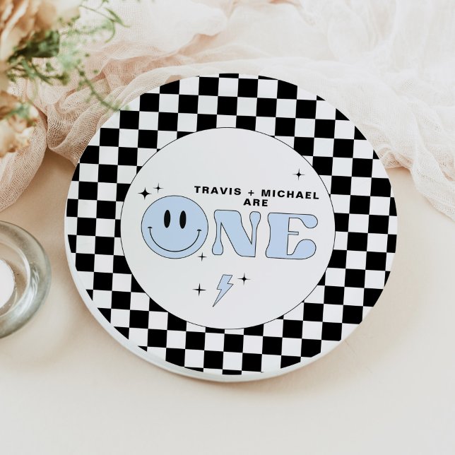 Prato De Papel TRAVIS Blue One Happy Duo Smile Face Aniversário (Criador carregado)