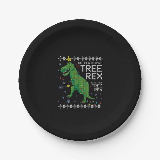 Prato De Papel Tree Rex Ugly Christmas Sweater Dino T-rex Engraça (Frente)
