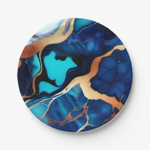 Prato De Papel Trendy Blue Dourado mármore azul amarelo