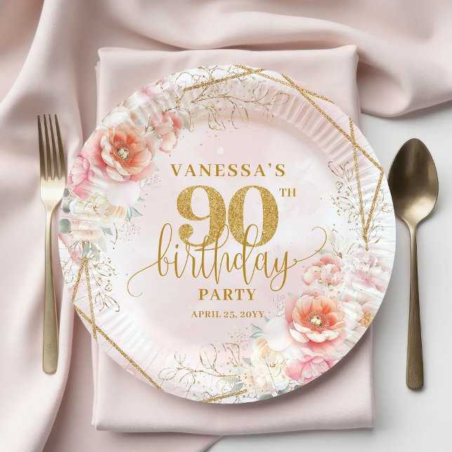 Prato De Papel Trendy Blush Pink Floral Gold 90th Birthday  (Trendy Blush Pink Floral Gold 90th Birthday Plate)