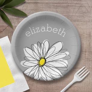 Prato De Papel Trendy Floral Daisy com nome personalizado amarelo