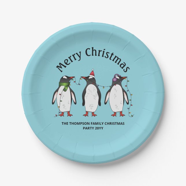 Prato De Papel Três Pinguins De Natal Festivos Com Texto Personal (Frente)