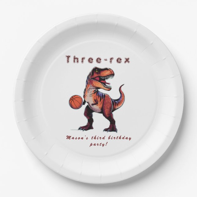 Prato De Papel Três-Rex basquete Dino aniversário   (Frente)