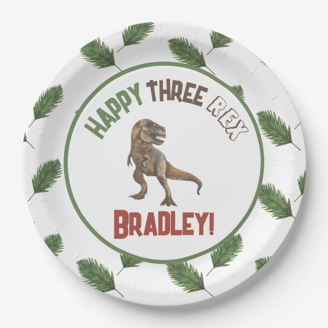 Prato De Papel Três Rex Birthday Watercolor (Frente)