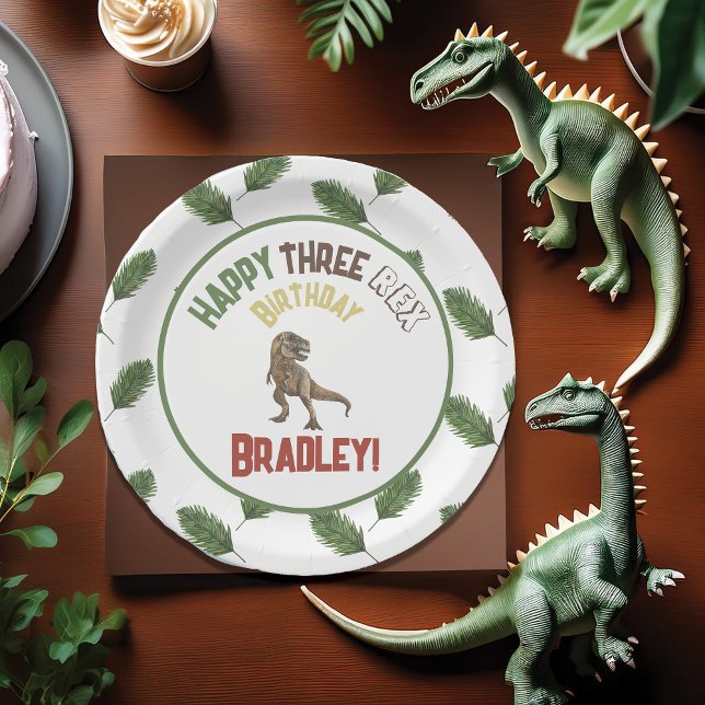 Prato De Papel Três Rex Birthday Watercolor Dino (Criador carregado)