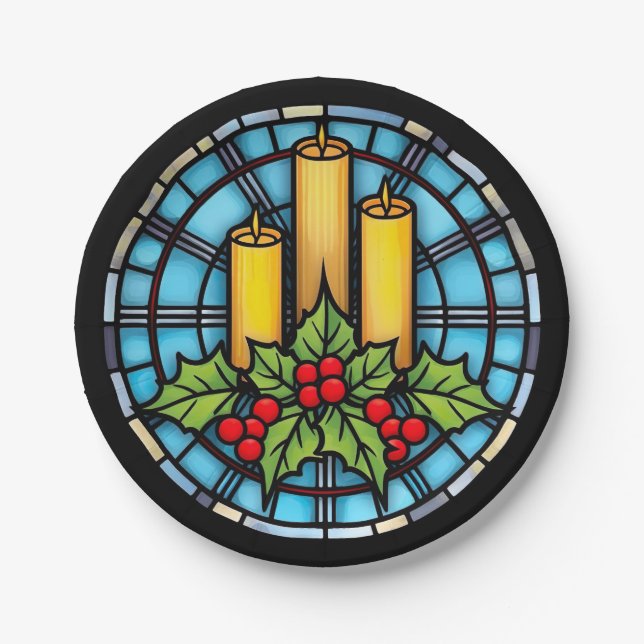 Prato De Papel Três Velas Com Vidro Colorido Natalino De Folhas D (Frente)