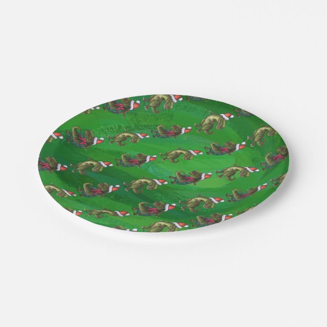 Prato De Papel TRex em Santa Hat em Verde (Inclinado)