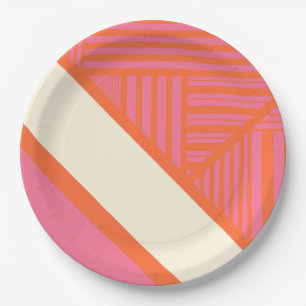 Prato De Papel Triângulo Stripes em rosa, laranja e creme