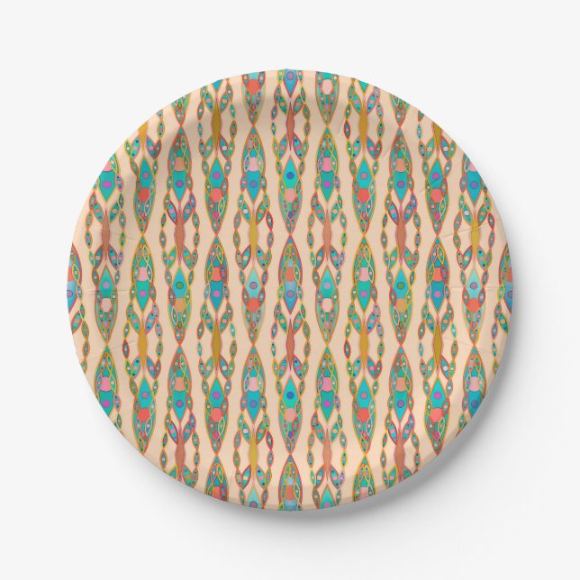 Prato De Papel Tribal Batik - Rosa Pêssego e Turquesa (Frente)