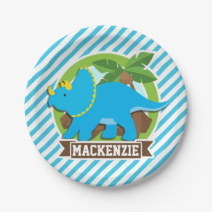Prato De Papel Tricerátops Dinossaur; Sky Blue & White Strips