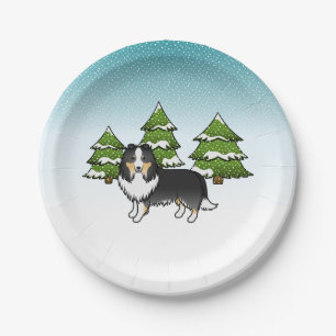 Prato De Papel Tricolor Shetland Sheepdog Numa Floresta De Invern