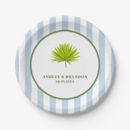 Prato De Papel Tropical Blue Cabana Stripe Coastal Retro Wedding