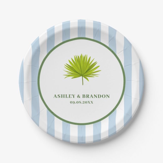 Prato De Papel Tropical Blue Cabana Stripe Coastal Retro Wedding (Frente)