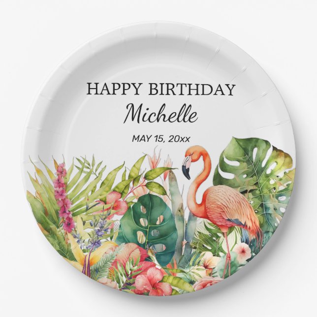 Prato De Papel Tropical Floral Flamingo Happy Birday (Frente)
