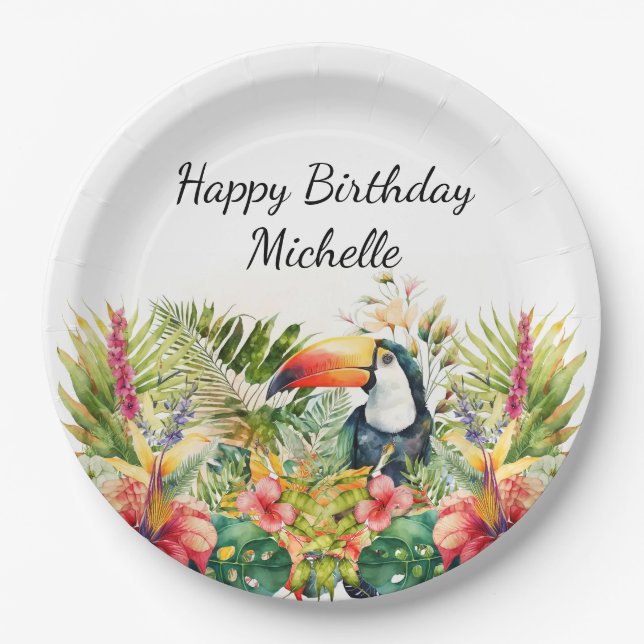 Prato De Papel Tropical Floral Toucan Happy Birthday (Frente)