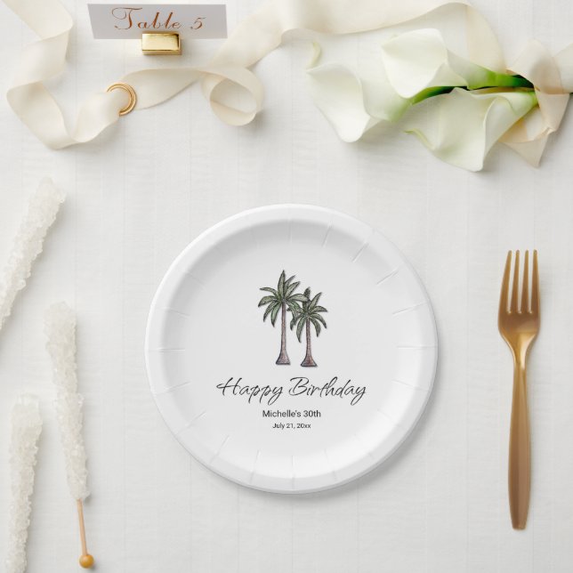 Prato De Papel Tropical Palm Trees Elegant 30th Birthday Party (Casamento)