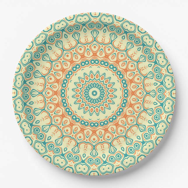 Prato De Papel Tropical Teal e Orange Mandala Padrão (Frente)