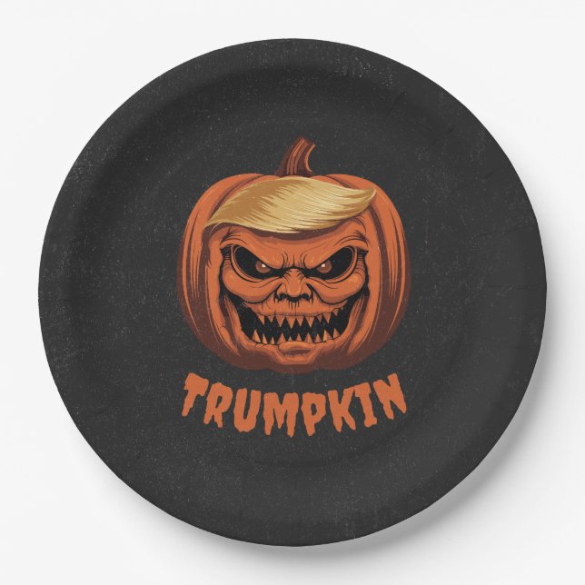 Prato De Papel Trumpkin - Grinning Donald Trump Halloween Pumpkin (Frente)