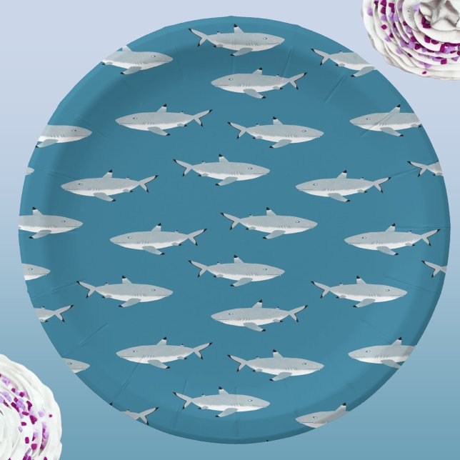 Prato De Papel Tubarão Difundido Submarino Ameaçado (Fun shark pattern underwater themed party paper plates)