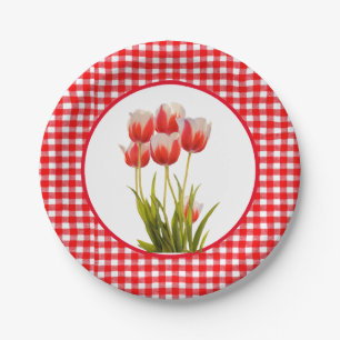 Prato De Papel Tulipa Vermelha com Gingham
