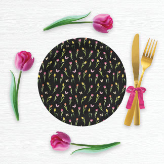 Prato De Papel Tulipas e borboletas Padrão Preto