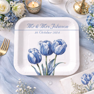 Prato De Papel Tulipas em Azul de Delft personalizáveis
