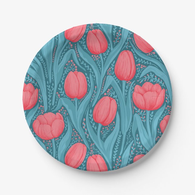 Prato De Papel Tulipas em azul e vermelho (Frente)