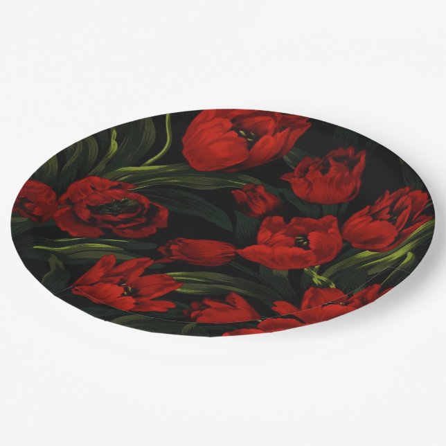 Prato De Papel Tulipas Vermelhas em Preto (Inclinado)