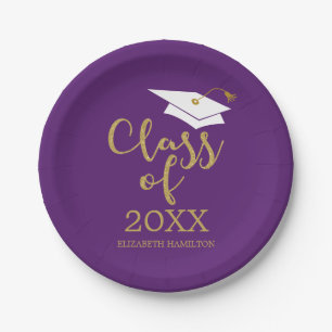 Prato De Papel Turma de 2024 Caligrafia Glitter Dourado Roxo