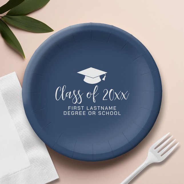 Prato De Papel Turma de 20xx Script e Nome da Moda - Azul Marinho (Custom Paper Plate)