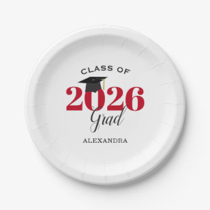 Prato De Papel Turma de Formatura de 2026 Vermelho e Preto Simple
