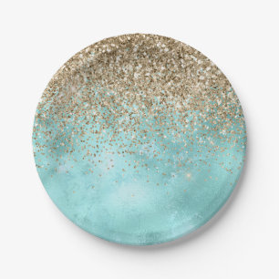 Prato De Papel Turquesa Aqua Dourado Glitter Sparkle     