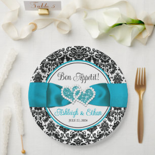 Prato De Papel Turquesa, Black Damask Love Heart Casamento