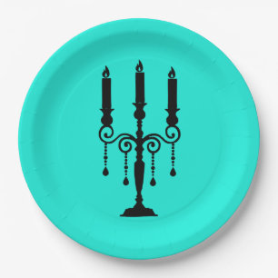 Prato De Papel Turquesa e impressão de candelabro preto