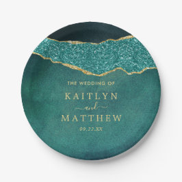 Prato De Papel Turquesa Elegante e Casamento Dourado