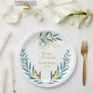Prato De Papel Turquesa Floral Azul e Dourado