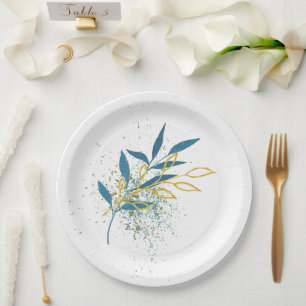 Prato De Papel Turquesa Floral Azul e Dourado
