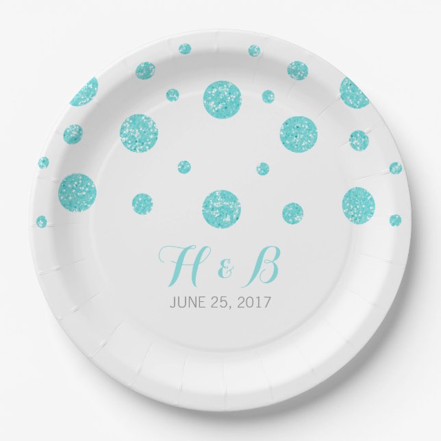 Prato De Papel Turquesa Glitter Confetti - Placas De Casamento (Frente)