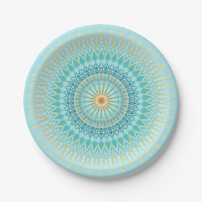 Prato De Papel Turquoise Dourada Boho Mandala (Frente)