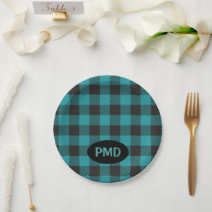 Prato De Papel Turquoise Teal Blue Buffalo Xadrez Monograma