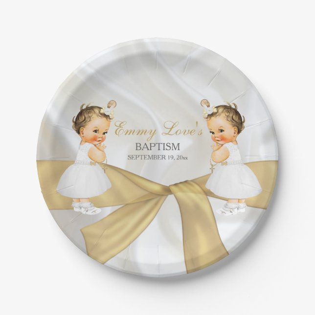 Prato De Papel Twin Baby Girls Baptism Christening Dourado White (Frente)