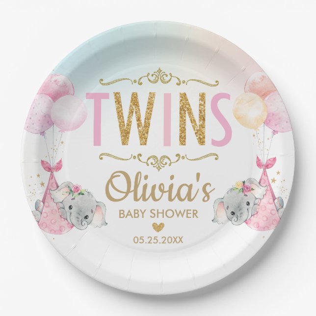 Prato De Papel Twin Girls Elephant Chá de fraldas Sprinkle Whimsi (Frente)